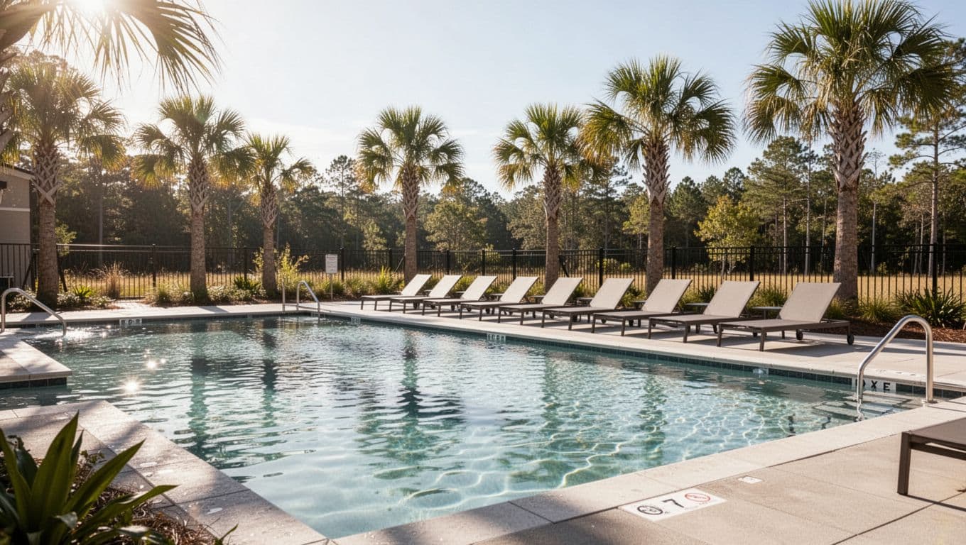 Photorealistic wide view of a sunny outdoor pool area at a modern Hampton Inn-style hotel in rural Alabama near trails, featuring lounge chairs and palm trees in the background with bright natural light, no people present.