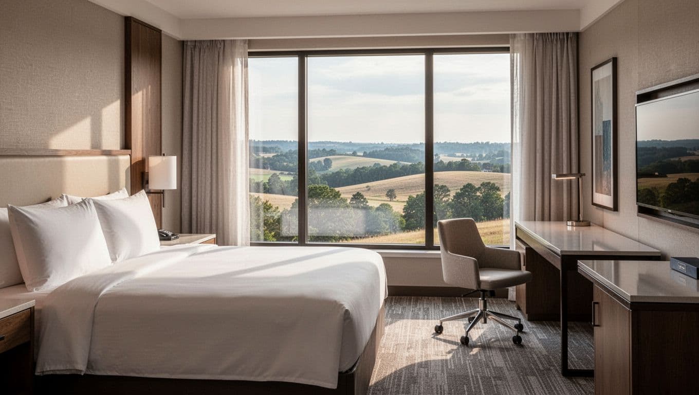 Clean modern hotel room interior with bed, desk, one chair, and window view of Alabama countryside, bathed in soft natural light, no people present. Bold 'Room Comfort' headline in title case geometric sans-serif on edge-to-edge #22C55E band at top.