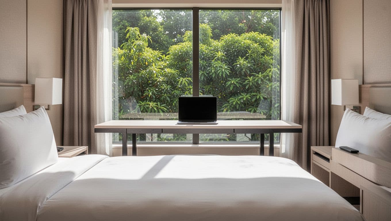 Clean modern hotel room interior with king bed, desk featuring closed laptop, and window view of lush greenery under bright natural daylight. Branded editorial style with bold 'Amenities' headline on green band, emphasizing practical features for work stays.