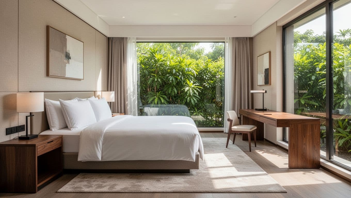 Clean hotel room interior featuring a king bed, desk, and window view of greenery with modern decor, bright natural daylight, realistic photo style.