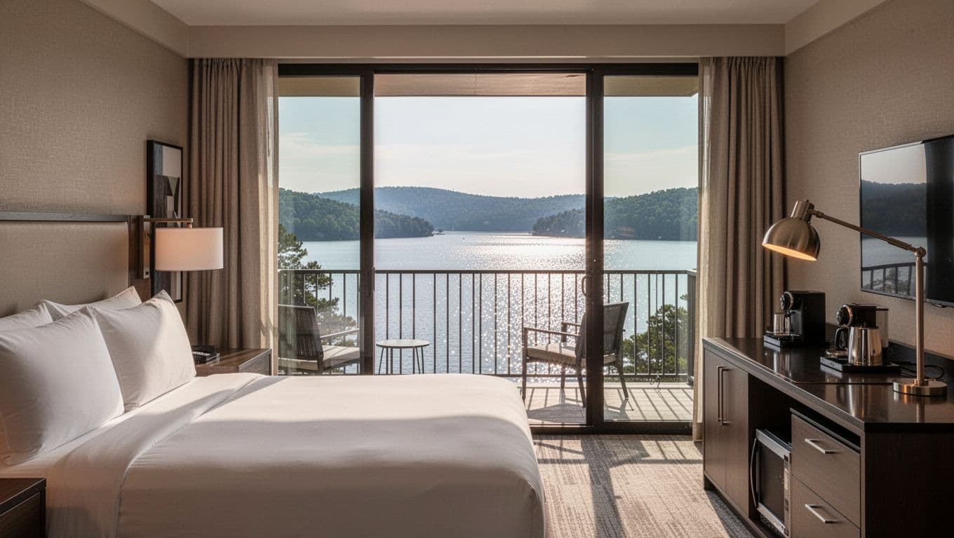 Comfortable modern hotel room interior featuring a king bed, large window, and balcony overlooking sparkling Lake Guntersville with distant hills, simple decor, coffee station, desk, warm ambient lighting. Bold green branded band at top with 'View Rooms' headline in clean sans-serif typography.