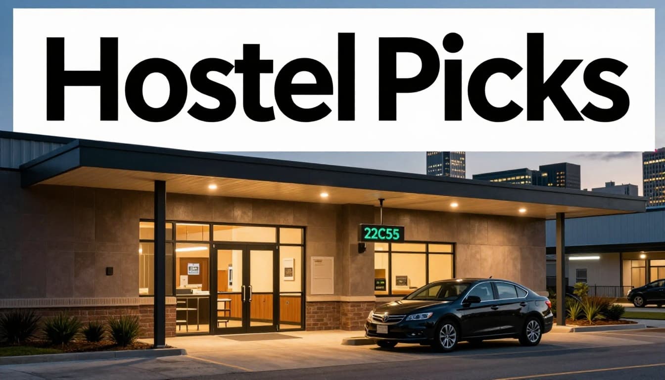 Modern hotel exterior at night near Birmingham's industrial district, featuring clean lines, lit valet entrance, one parked car, and subtle city skyline; warm green-accented lighting with branded 'Hotel Picks' top band.