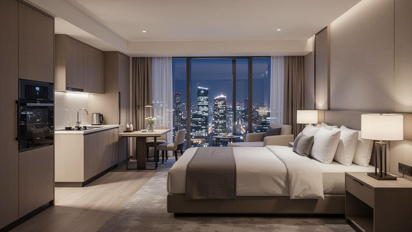 Contemporary hotel suite interior showcasing kitchenette, large bed, and window overlooking city lights, captured from a side angle to emphasize space and comfort.