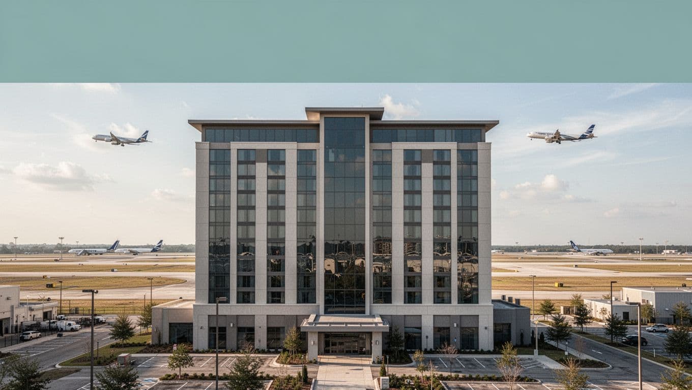 Modern hotel exterior near airport runway in Mobile, Alabama, on a clear day with airplanes in the background and bold 'Airport Hotels' headline on green band.