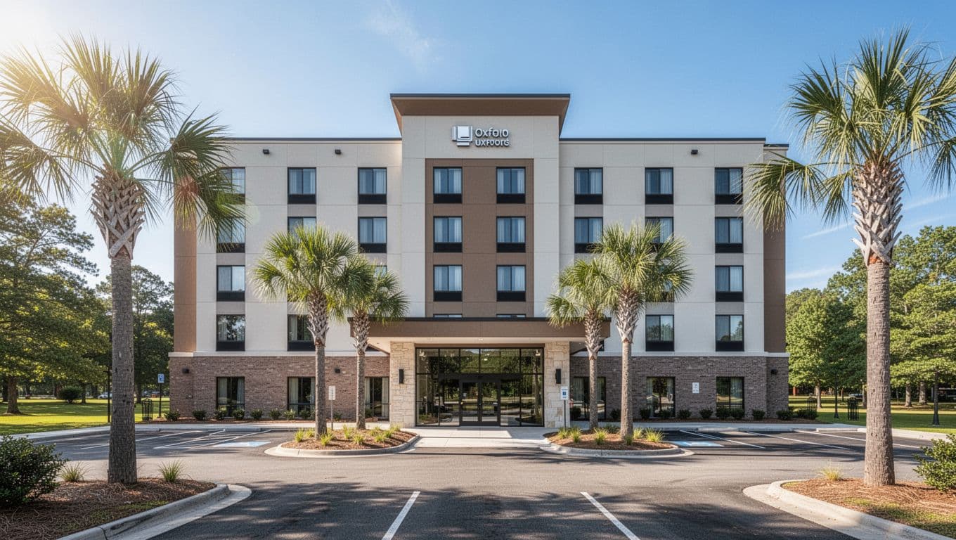 Clean mid-rise modern hotel exterior in Oxford, Alabama near Choccolocco Park, with glass entrance doors, palm trees, parking lot, under bright sunny blue sky. Bold 'Top Hotels' headline in green band at top, wide landscape view focused on facade.