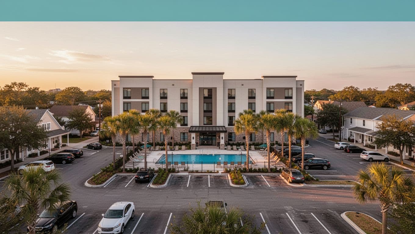 Photorealistic wide landscape shot of a modern hotel building exterior in a southern US town at evening golden hour, featuring visible pool area, palm trees, parking lot with few neatly parked cars, no people or signs, and a top green banner reading 'Nearby Hotels'.