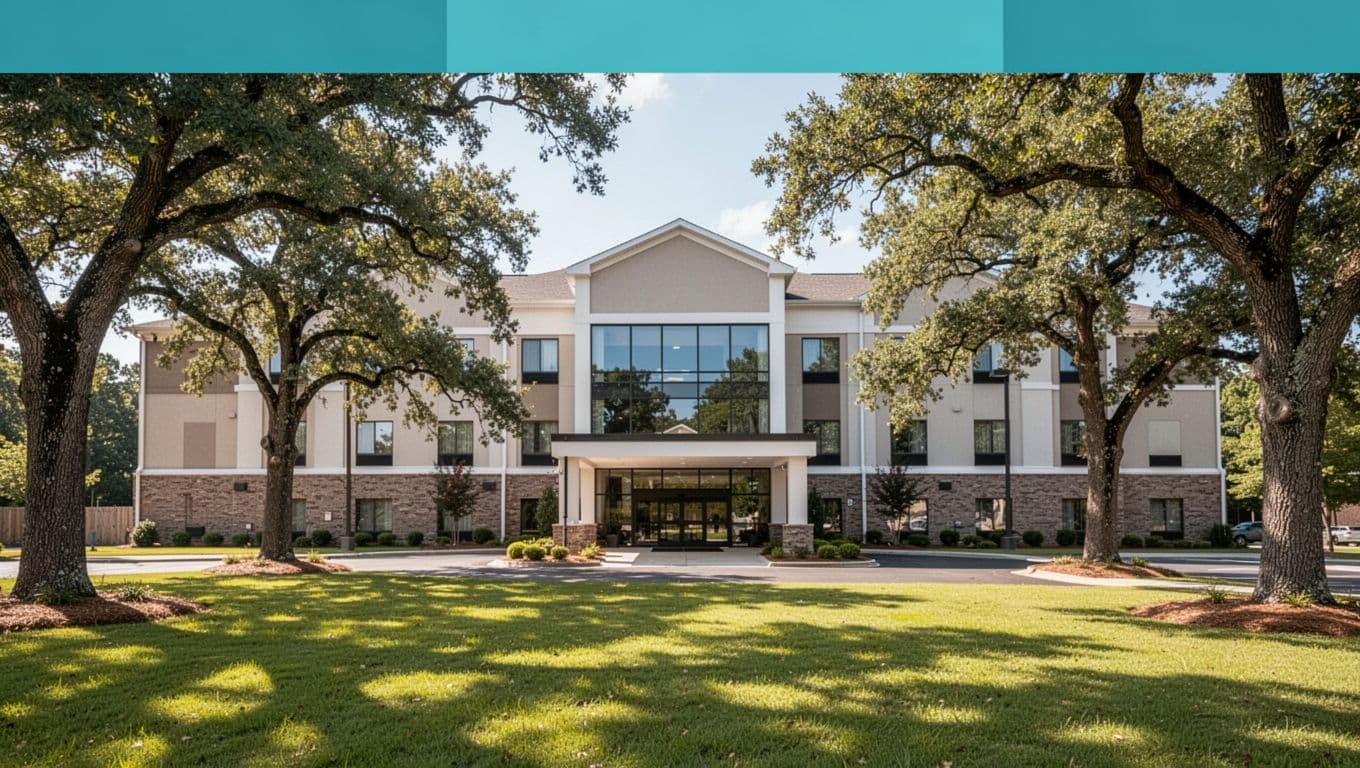 Photorealistic exterior view of a modern suburban hotel in Madison, Alabama near Huntsville, with green lawns and oak trees in the foreground, welcoming glass door entrance, and bright natural daylight in landscape composition.