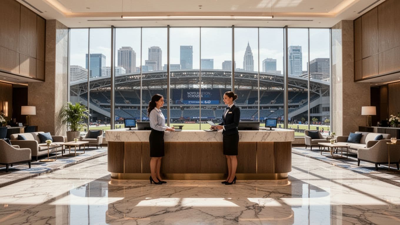 Modern upscale hotel lobby connected to convention center arena, guests checking in at desk with city skyline through large windows, polished floors, contemporary furniture in photorealistic style with bright daylight and bold 'Hotel Stay' headline.