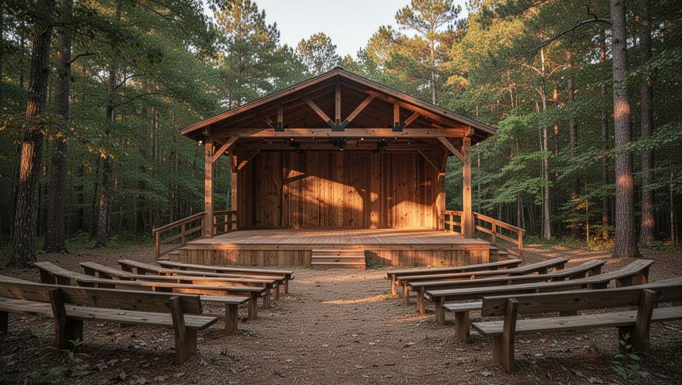 Photorealistic view of the outdoor wooden amphitheater stage in Monroeville, Alabama, used for the To Kill a Mockingbird play, featuring seating surrounded by trees in soft evening lighting with no people or props.