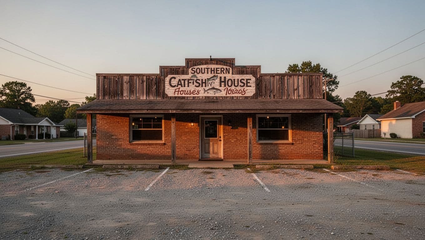 Wood and brick catfish house with front entrance, gravel parking, and top green banner reading 'Monroeville Best' at dusk.