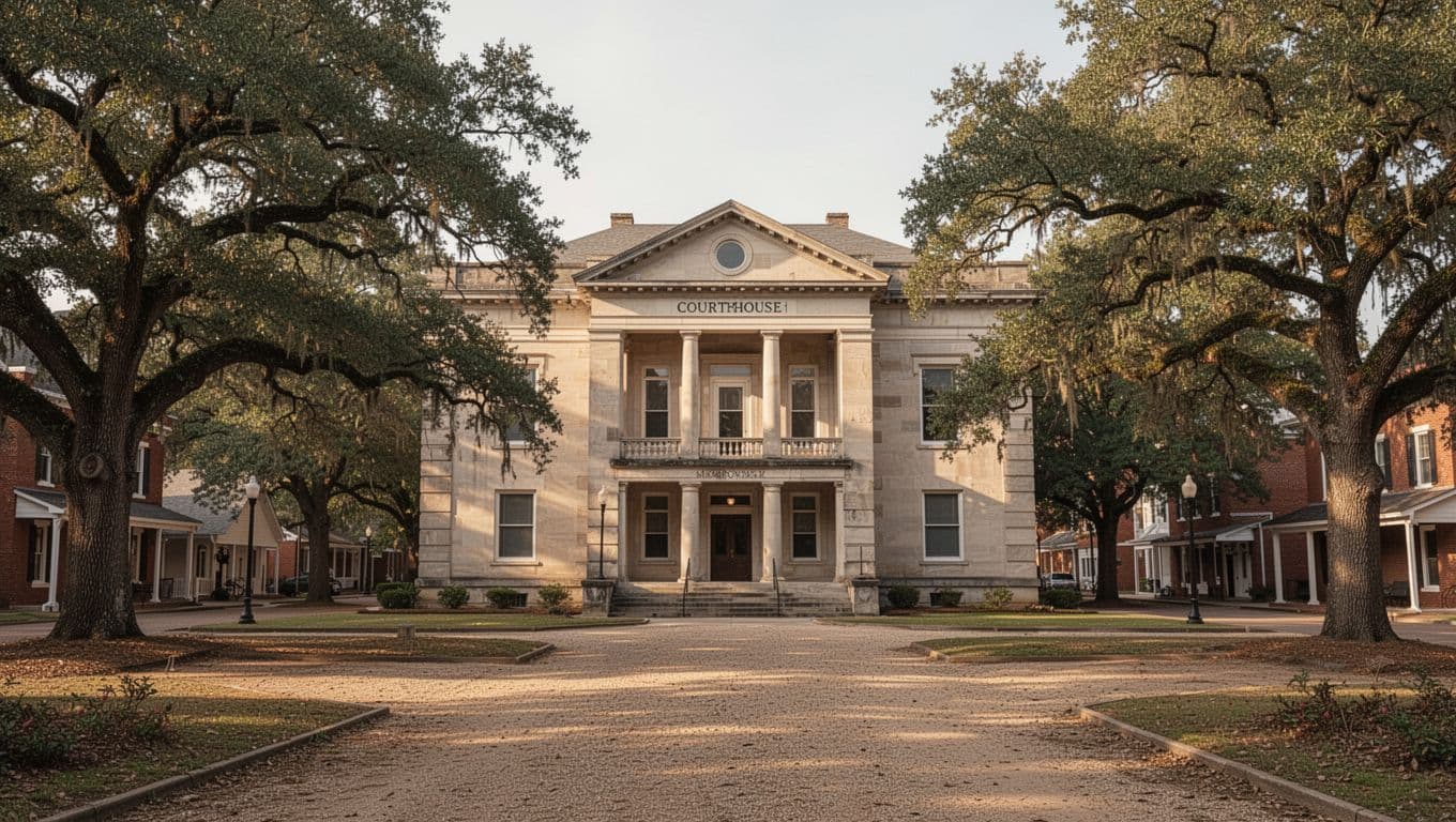 Photorealistic view of Monroeville, Alabama's historic courthouse square featuring oak trees and small-town charm under warm daylight lighting, topped with a bold green 'Monroeville Stays' headline.
