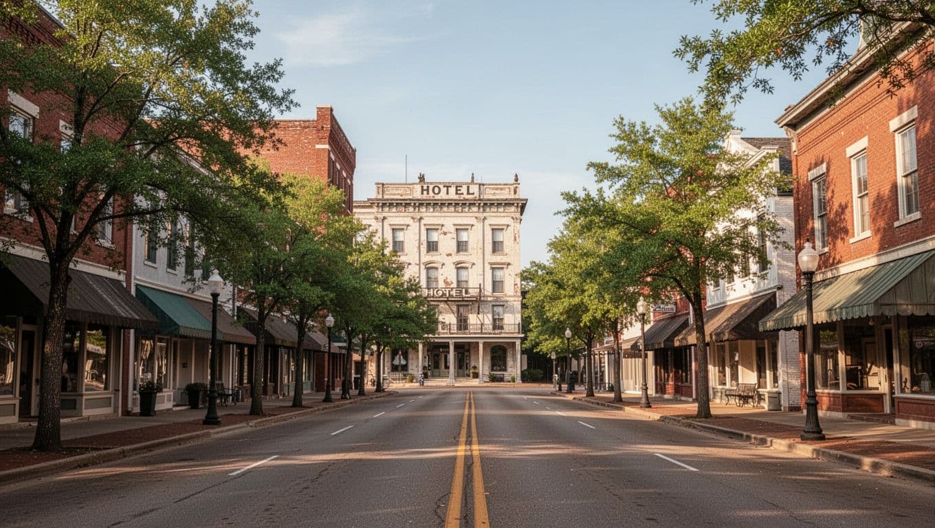 Serene small-town street in Montevallo, Alabama, showcasing historic buildings and a prominent hotel facade in the foreground, lined with green trees under a clear daytime sky in realistic photo style with warm natural lighting. Features a bold branded editorial headline 'Montevallo Hotels' on an edge-to-edge green color band at the top.