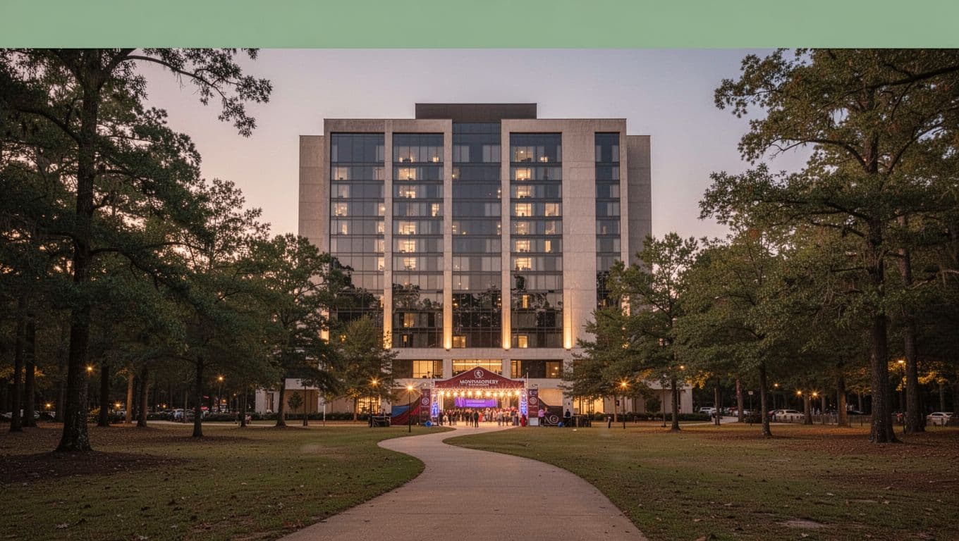 Modern hotel exterior at dusk near wooded theater grounds in Montgomery, Alabama, with bold 'Closest Stays' headline on a green band, clean realistic photo style.