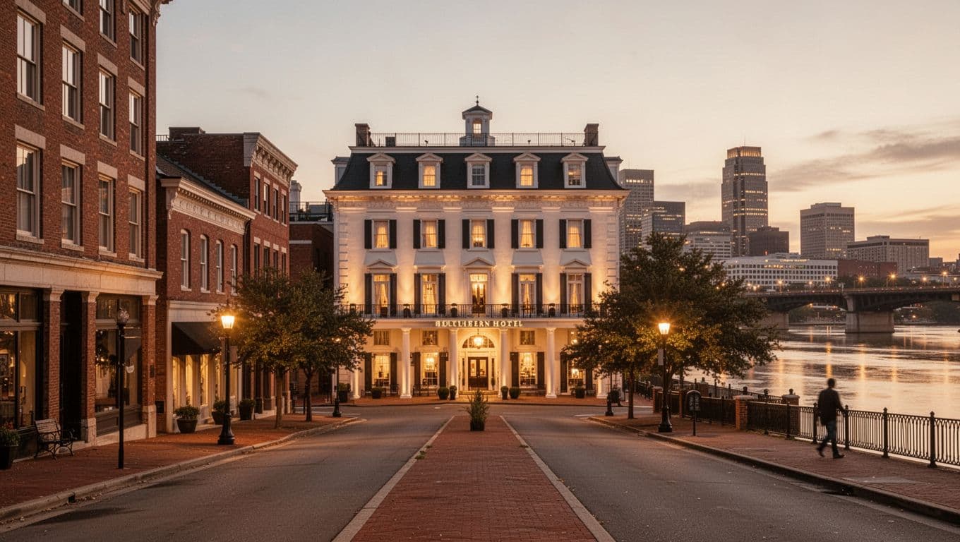 Realistic photo of Montgomery Alabama downtown skyline at dusk, centered on a classic Southern hotel exterior with warm lights, historic buildings, and riverfront view in an urban street scene.