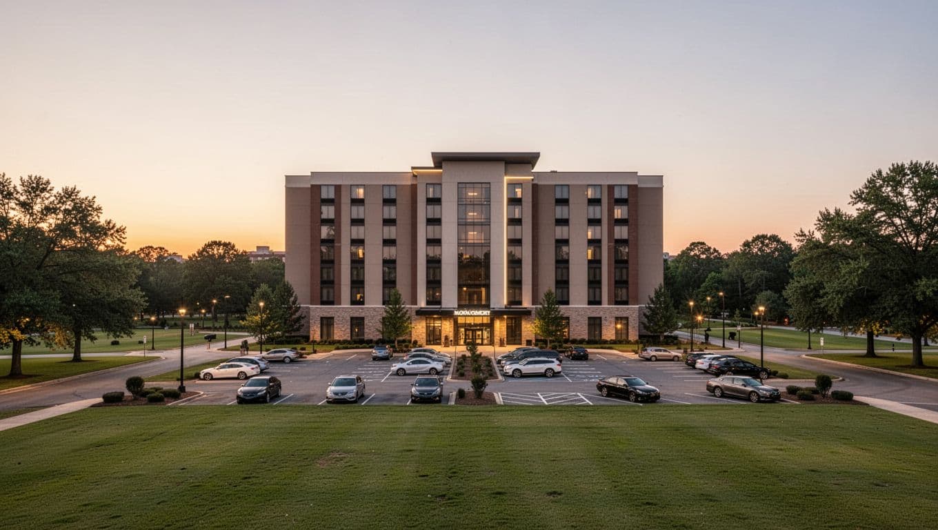 Exterior view of a modern hotel near a cultural park in Montgomery, Alabama at dusk, with cars in the parking lot, green lawns, and clear sky, topped by a bold 'Close Stays' headline on a green band.
