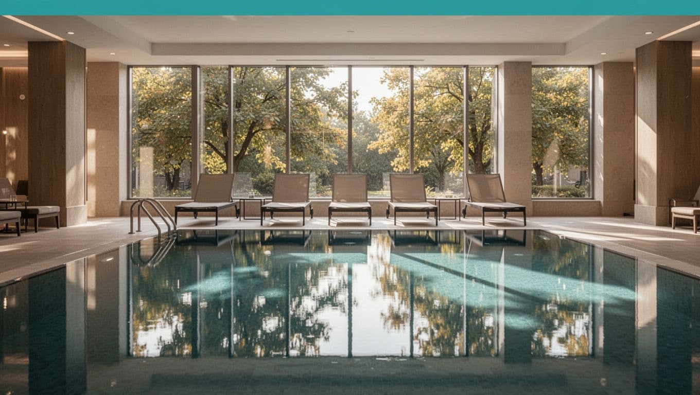 Indoor hotel pool area in Montgomery, Alabama, featuring calm reflective water, four lounge chairs, large windows overlooking trees, and a bold 'Pool Relax' headline on a green band, in realistic photo style with bright lighting.