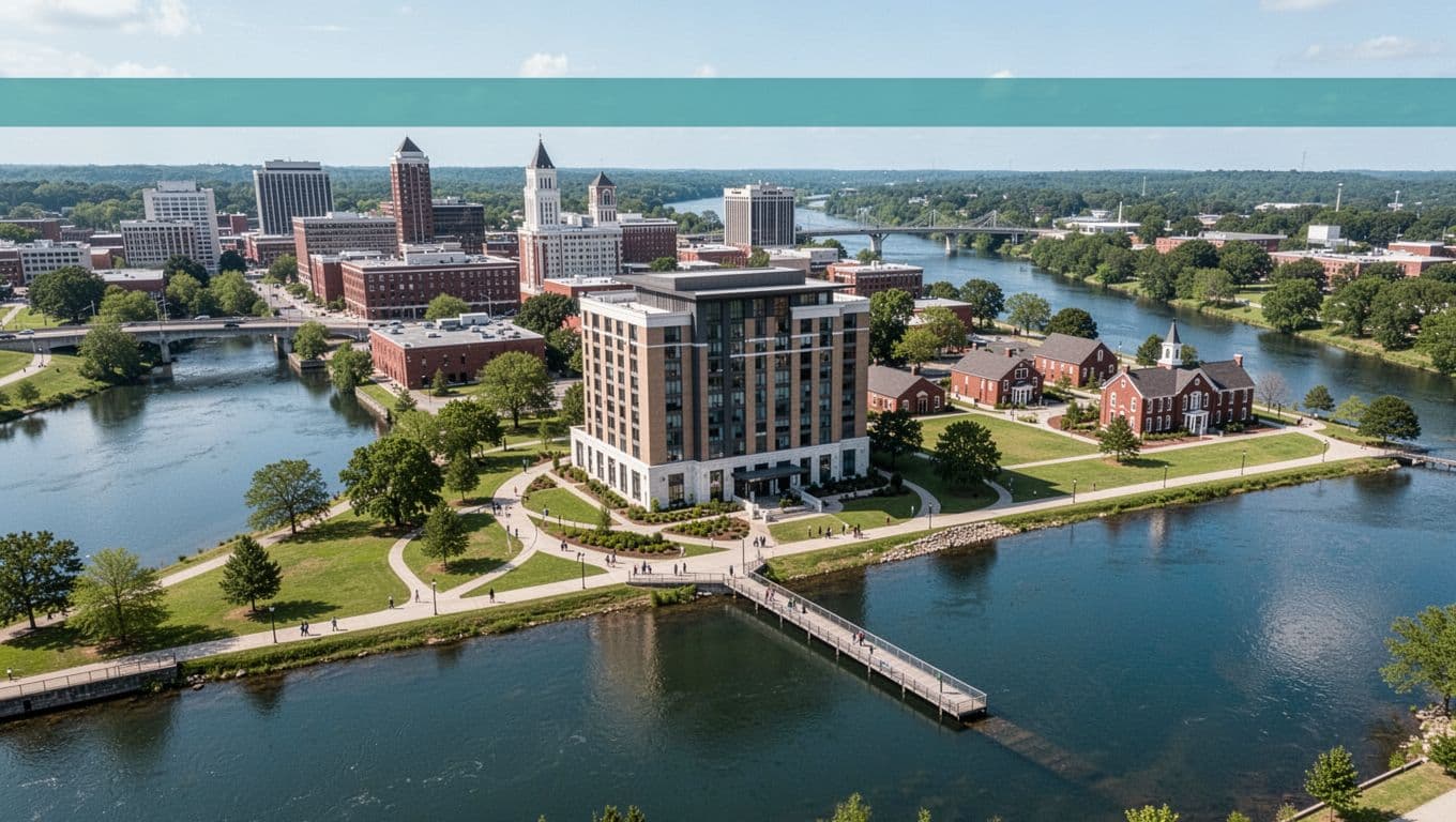 Aerial view of modern hotel buildings in downtown Montgomery, Alabama, along the riverfront near Legacy Museum, with walking paths to historic sites and a bold 'Close Stays' headline.