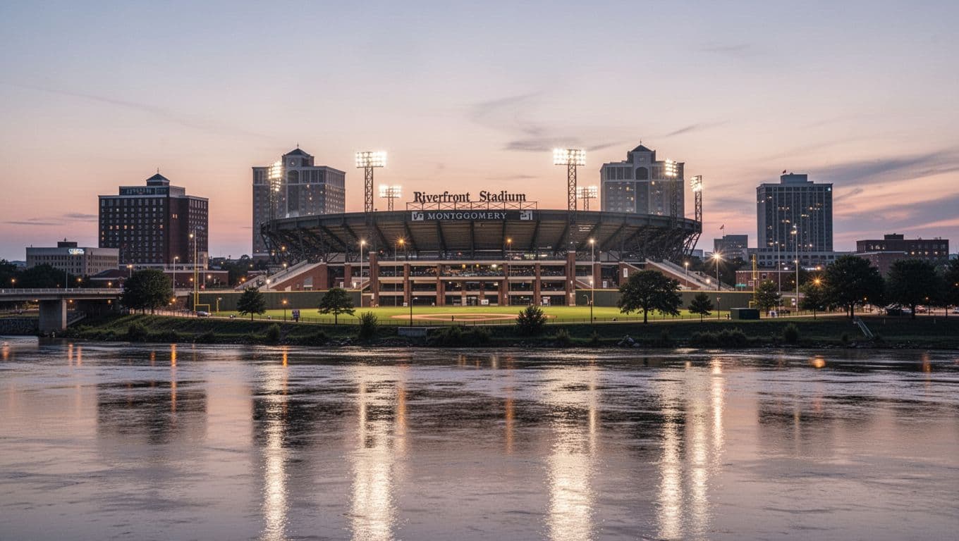 Photorealistic dusk view of Montgomery Alabama's Riverfront Stadium with lights on, foreground river, and nearby downtown hotels, branded with 'Walkable Stays' green headline band at top.