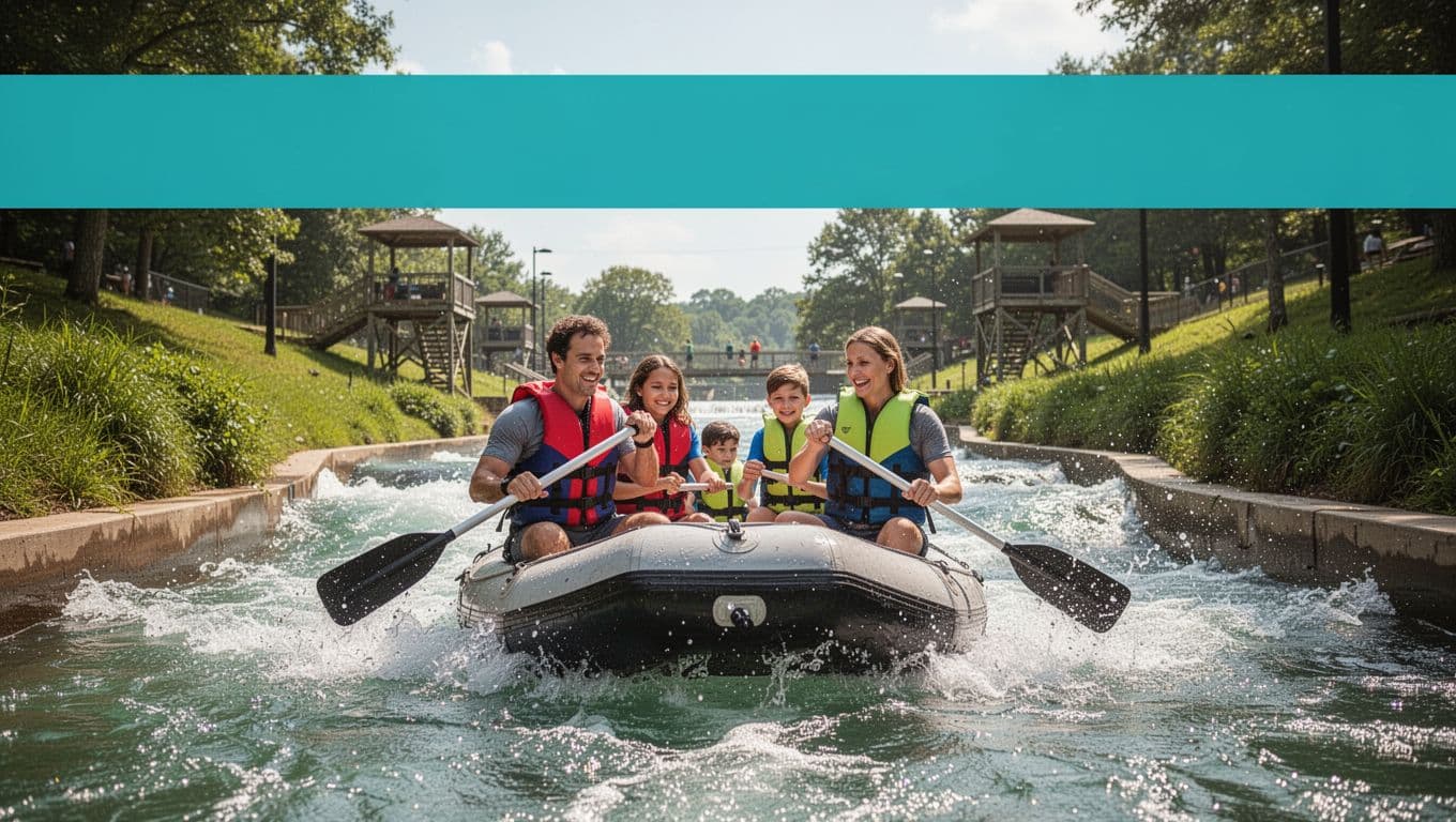 A family of four in colorful life jackets paddles a raft through thrilling man-made rapids at Montgomery Whitewater park, captured from a dynamic low angle with splashing water, green riverbanks, and observation decks in the background.