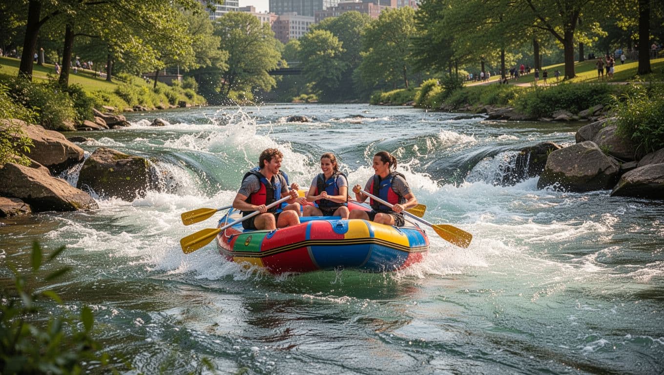 Dynamic whitewater rapids feature three rafters in a colorful raft navigating waves and rocks at Montgomery Whitewater Park in Alabama, set against lush green riverside near downtown with vibrant natural daylight and a bold 'Whitewater Rush' headline on a green band.