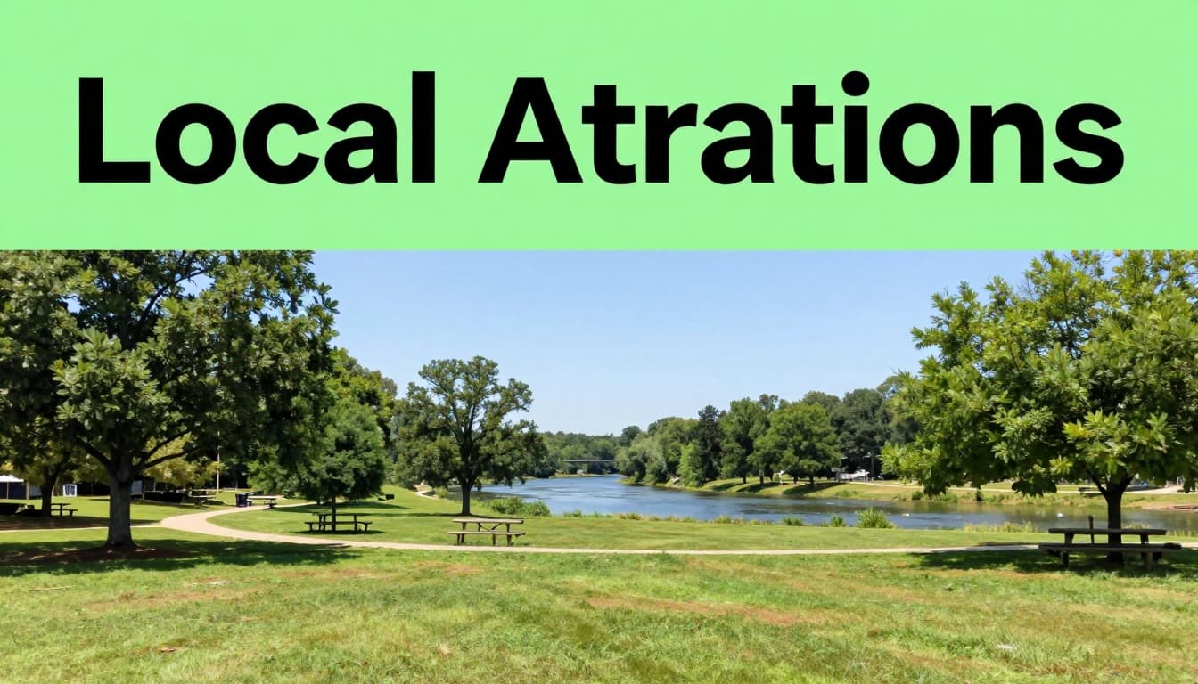 Editorial image featuring a bold 'Local Attractions' headline on a green band atop a photorealistic scenic view of Moody City Park in Alabama, with green fields, picnic tables under trees, river background, and clear blue sky.