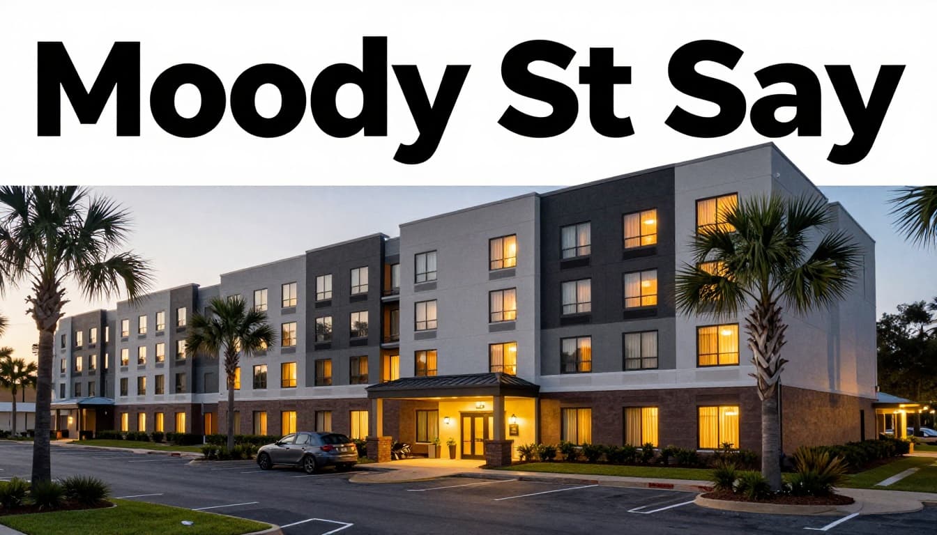 Branded editorial image with 'Moody Stays' headline on a green band atop a realistic photo of a cozy modern hotel in Moody, Alabama at dusk, featuring warm glowing windows, palm trees, parking lot, and one parked car.