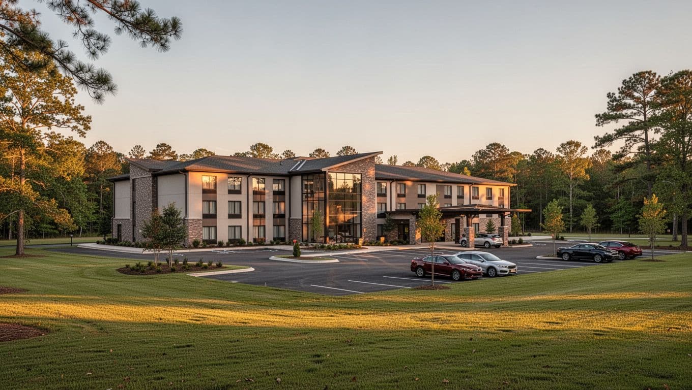 Modern hotel exterior in rural Alabama at dusk shows parking lot, entrance sign, few cars, green lawns, with 'Morris Stays' on top green band.