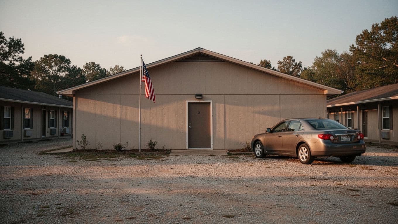 Realistic photo of a budget motel room door in a rural Alabama setting with gravel parking lot, American flag, one parked car, and quiet evening light. Single building facade visible with maximum two doors, no people or text on signs.