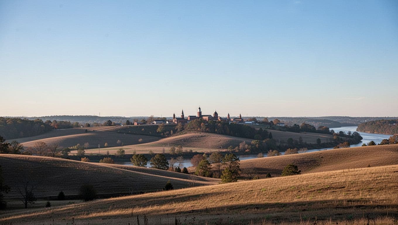 Serene realistic photo of Moulton, Alabama's rolling hills and distant Tennessee River under clear blue skies with warm sunlight, featuring small town silhouette and bold 'Moulton Stays' headline in green band.