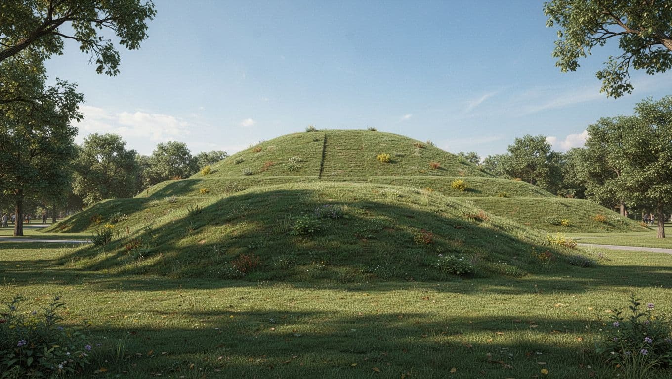 Wide landscape view of ancient Native American earthen mounds in a lush green park under a blue sky, with a prominent large mound in the foreground, photorealistic style and soft natural daylight.