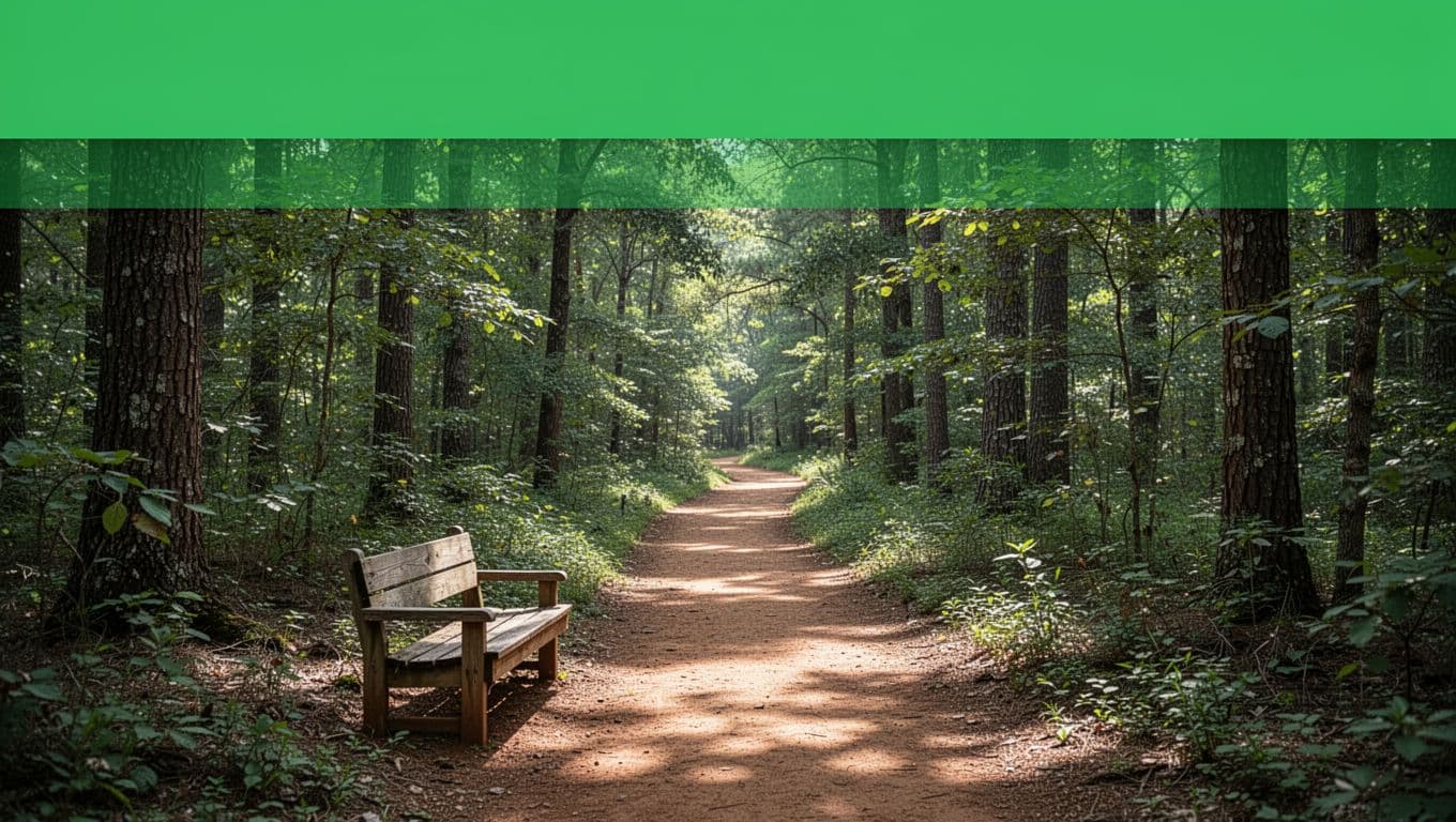 Bold 'Local Attractions' headline on a green band above a serene wooded trail in an Alabama park near Mount Olive, featuring a dirt path through trees with sunlight filtering through leaves and a bench ahead.