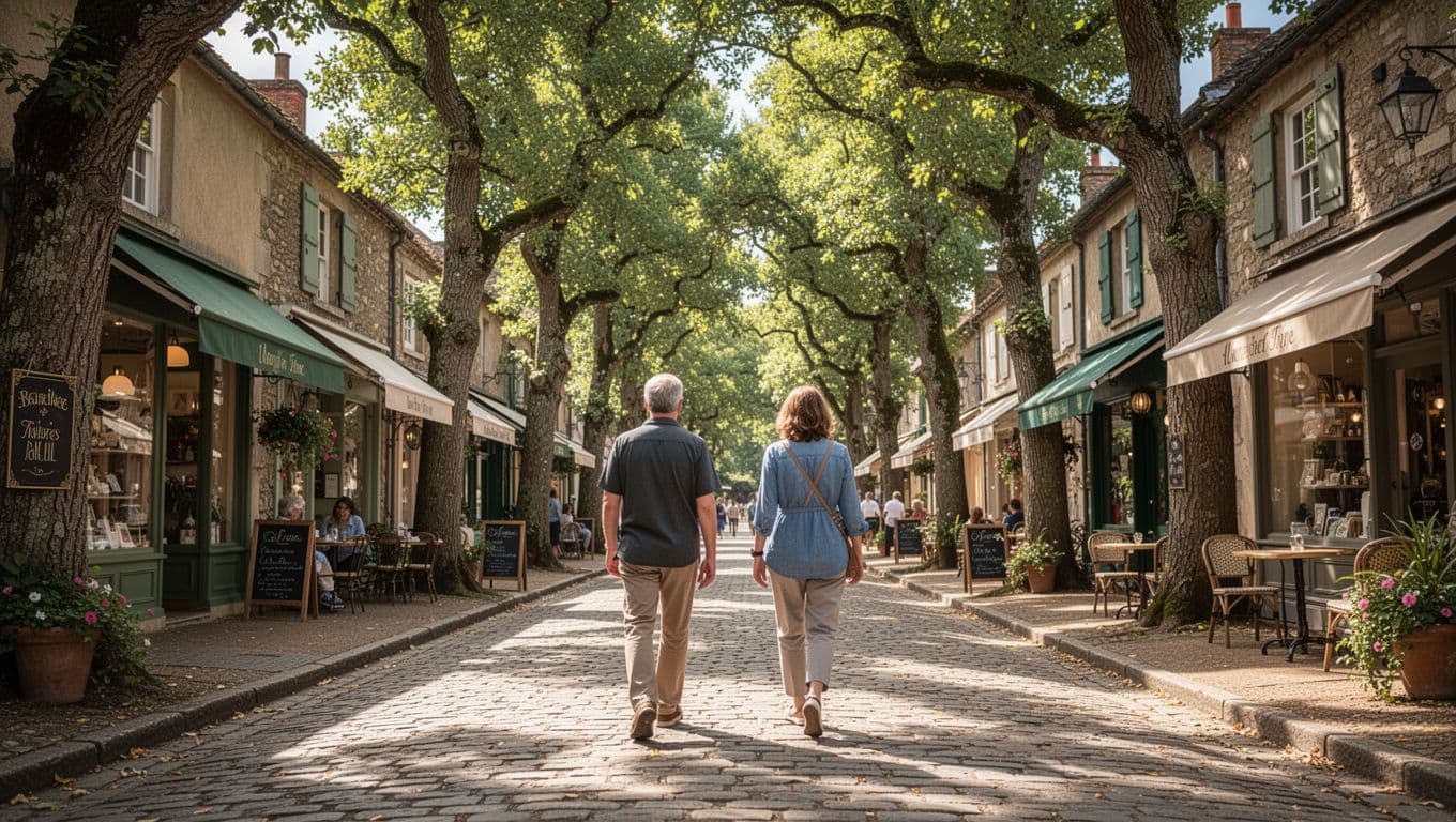 Photorealistic wide view of Mountain Brook village street lined with oak trees, boutique shops, and cafes on a sunny afternoon, capturing vibrant local atmosphere with two distant pedestrians seen from behind.