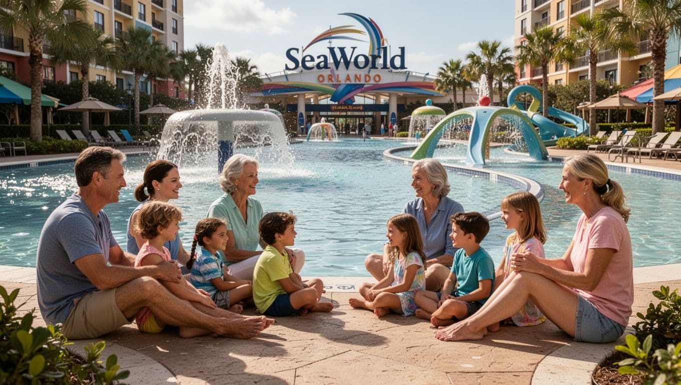 Two multigenerational families with grandparents, parents, and kids relaxing by a hotel pool featuring a splash pad and lazy river near the SeaWorld Orlando entrance. Sunny afternoon scene of the group seated and chatting in vibrant daylight with a bold green header band and clean typography headline.