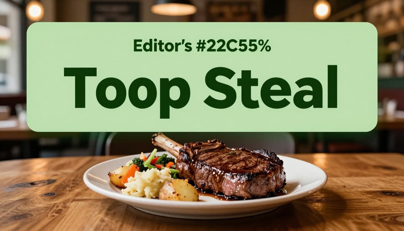 Juicy ribeye steak plated with mashed potatoes and vegetables on a wooden table in a cozy Alabama steakhouse interior, photorealistic close-up with bold 'Top Steak' headline in green band.