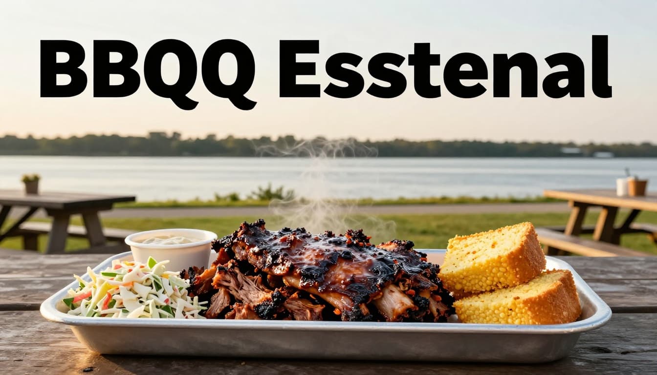 Smoky pulled pork BBQ platter with ribs, coleslaw, and cornbread on a picnic-style table outdoors near the Tennessee River in Muscle Shoals, wide composition in golden hour sunlight with steam rising, realistic photo style, no people.