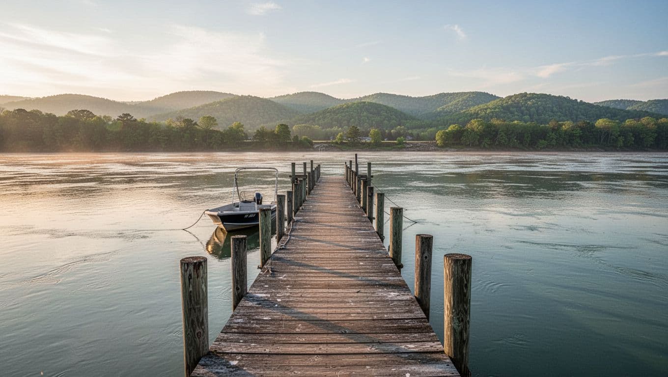 Tennessee River waterfront in Colbert County, Alabama, with a wooden dock extending into calm blue-green waters, distant green hills, and soft morning light; topped with a green banner featuring bold white 'Muscle Shoals' headline.
