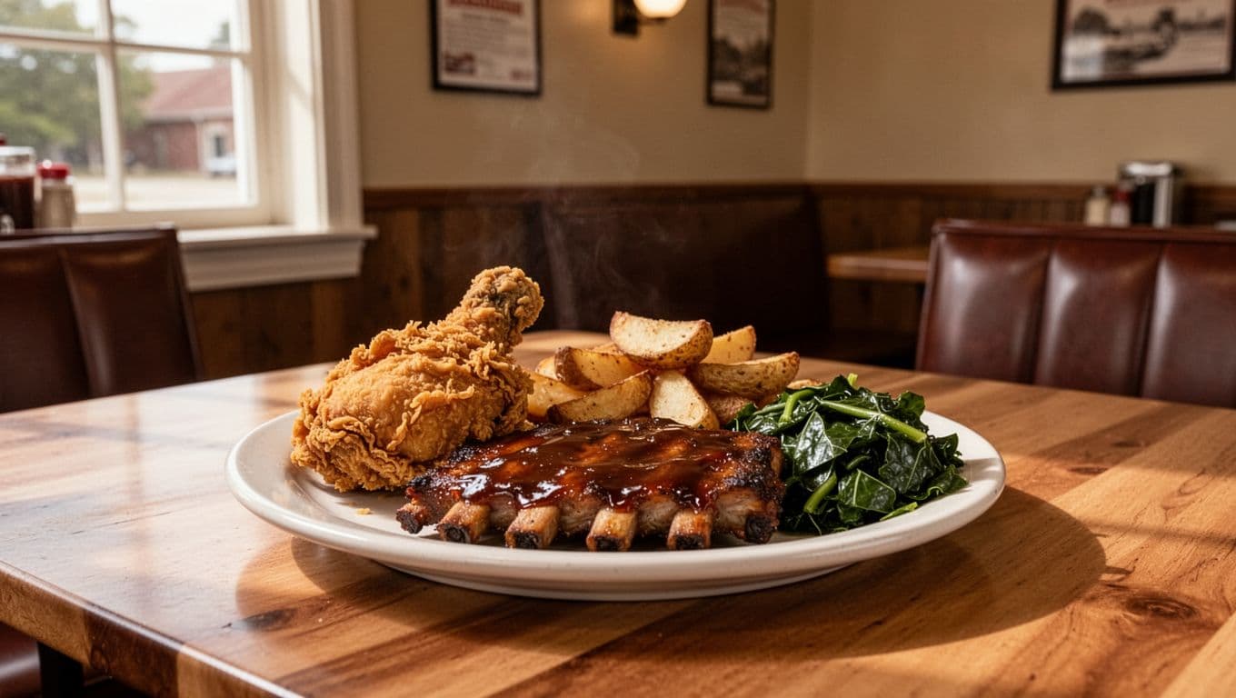 Cozy diner interior with central wooden table holding plate of fried chicken, ribs, fries, and collards under green 'MUST STOP CAFE' band.