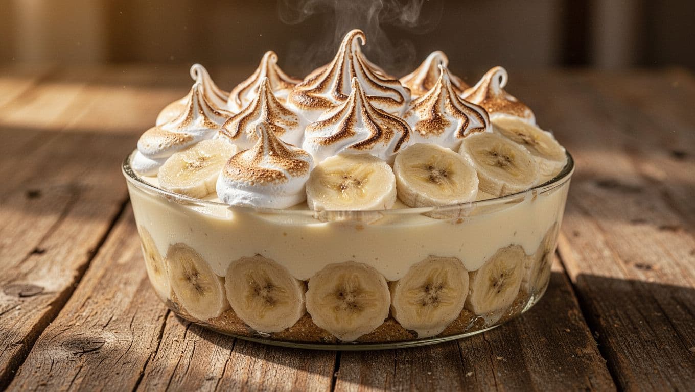 Closeup of a signature banana pudding dessert topped with fluffy meringue and fresh banana slices on a rustic wooden table, featuring subtle steam, golden lighting, and sharp appetizing textures, with a bold 'Must Try' headline in a green band at the top.
