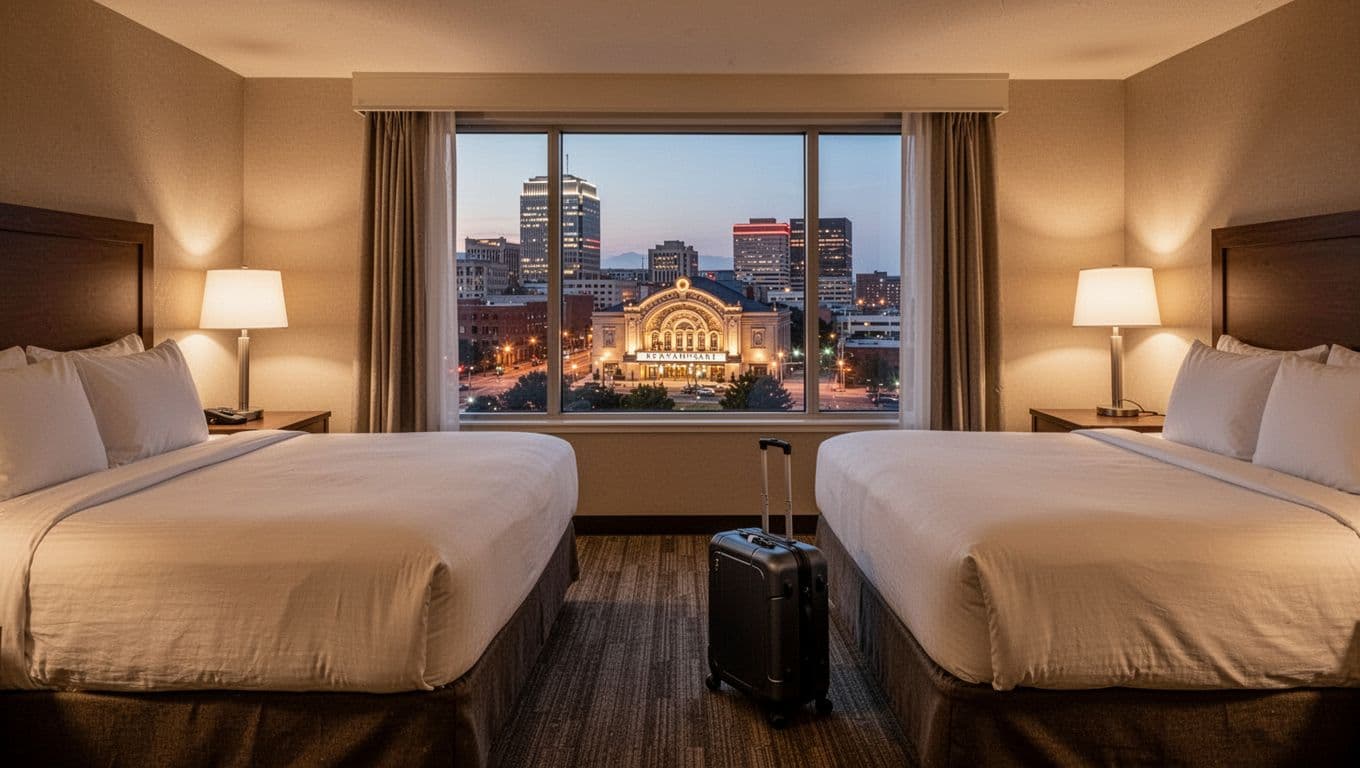 Cozy family hotel room in a downtown Nashville hotel with two queen beds, suitcase on the floor, and window view of city lights near the Ryman. Warm interior lighting and inviting residential style highlight spacious accommodations for families.