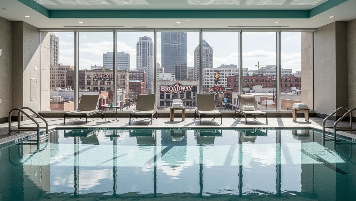 Inviting indoor hotel pool in downtown Nashville with large windows showing the city skyline towards Broadway, featuring two empty lounge chairs with folded towels and a side table, centered on pool water reflections in bright natural daylight.