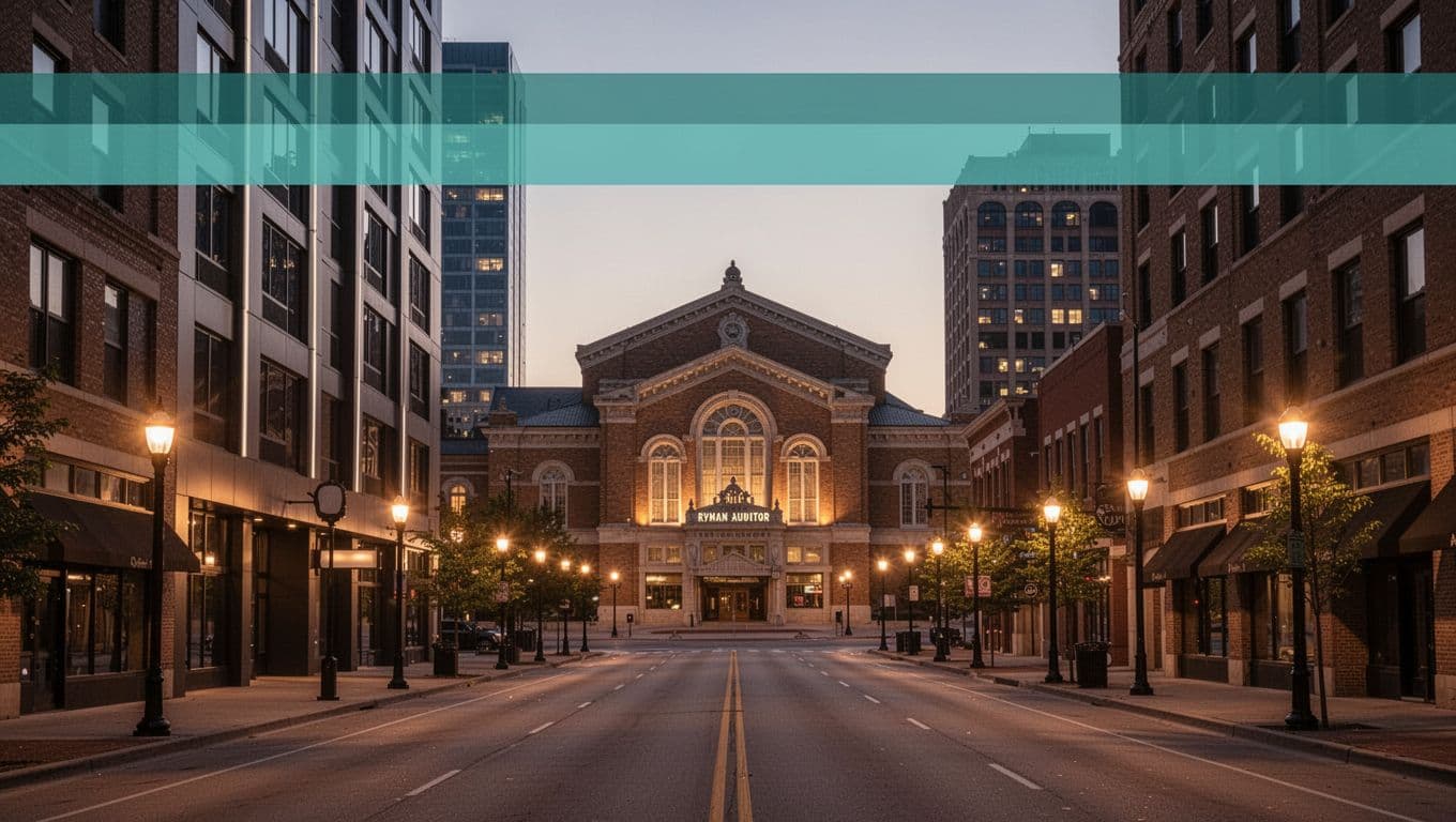 Downtown Nashville skyline at twilight featuring the iconic Ryman Auditorium, a modern hotel in the foreground, and an empty street with street lamps, emphasizing architectural proximity from top walking-distance hotels.