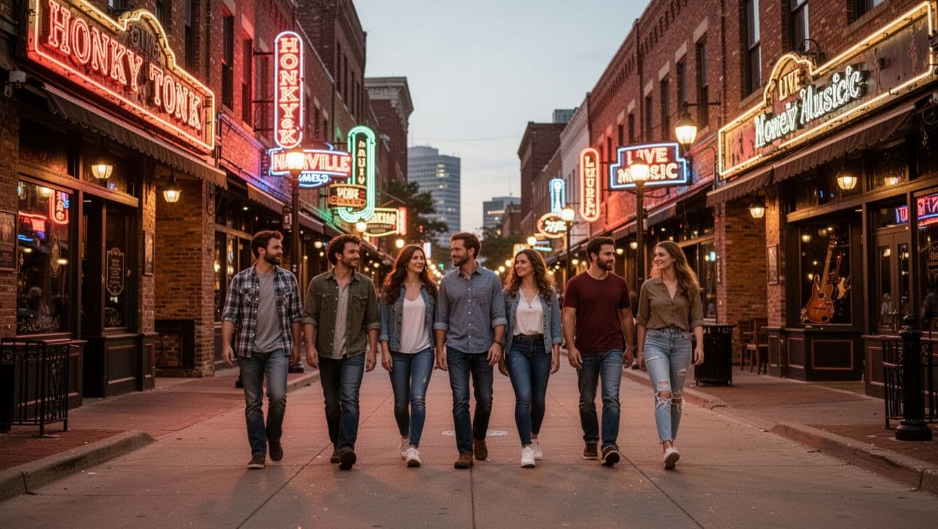 Bustling Downtown Nashville street scene featuring tourists walking past colorful honky-tonk bars and live music venues in an evening urban setting with neon glow and streetlights.