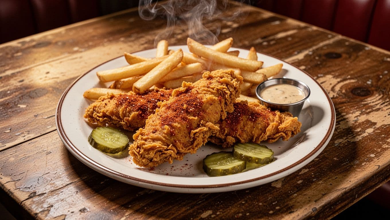 Overhead close-up of plate with crispy Nashville hot chicken tenders, golden fries, pickles, and sauce on wooden table, steam rising under green 'Hot Chicken' band.