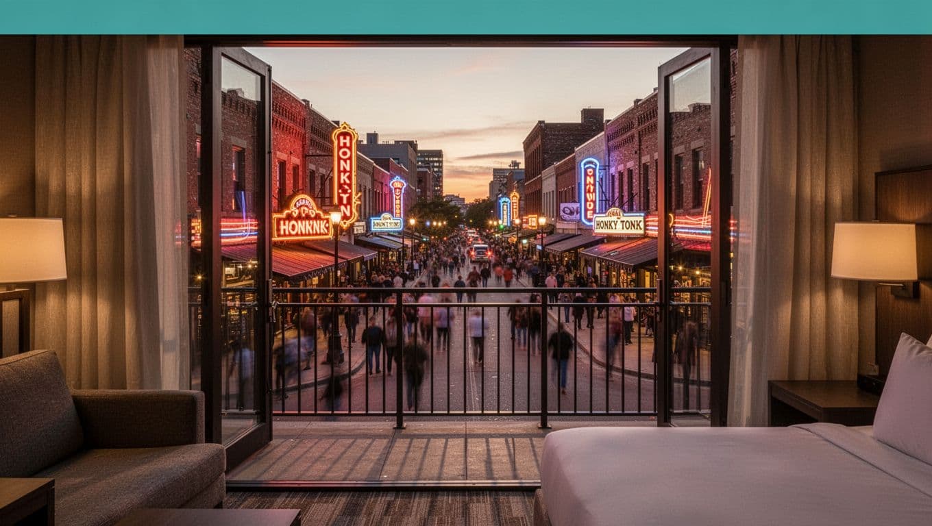 Nashville Lower Broadway street scene at dusk from a hotel balcony, featuring neon honky-tonk signs, crowds, and warm golden hour lighting with high contrast. Foreground shows modern hotel room interior with open balcony door and a top headline band in #22C55E reading 'Broadway Views'.