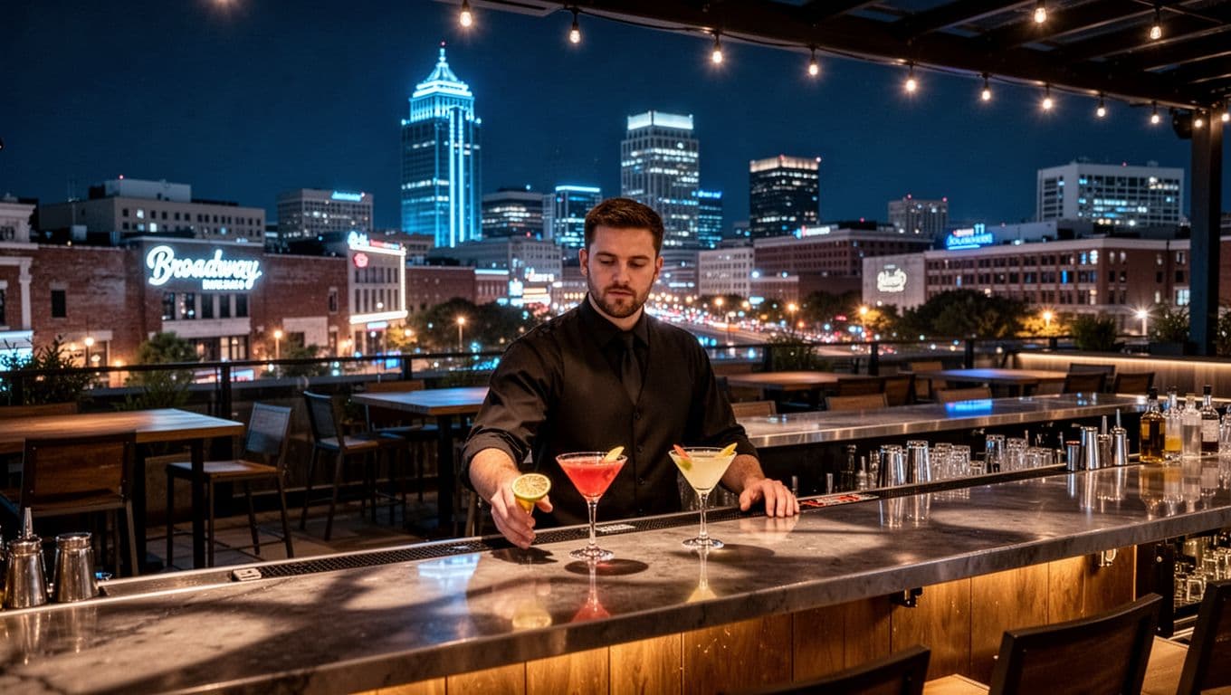 Modern hotel rooftop bar in Nashville at night, showcasing the downtown skyline and Broadway lights, with one bartender behind the bar and two cocktails on the counter in an empty seating area.