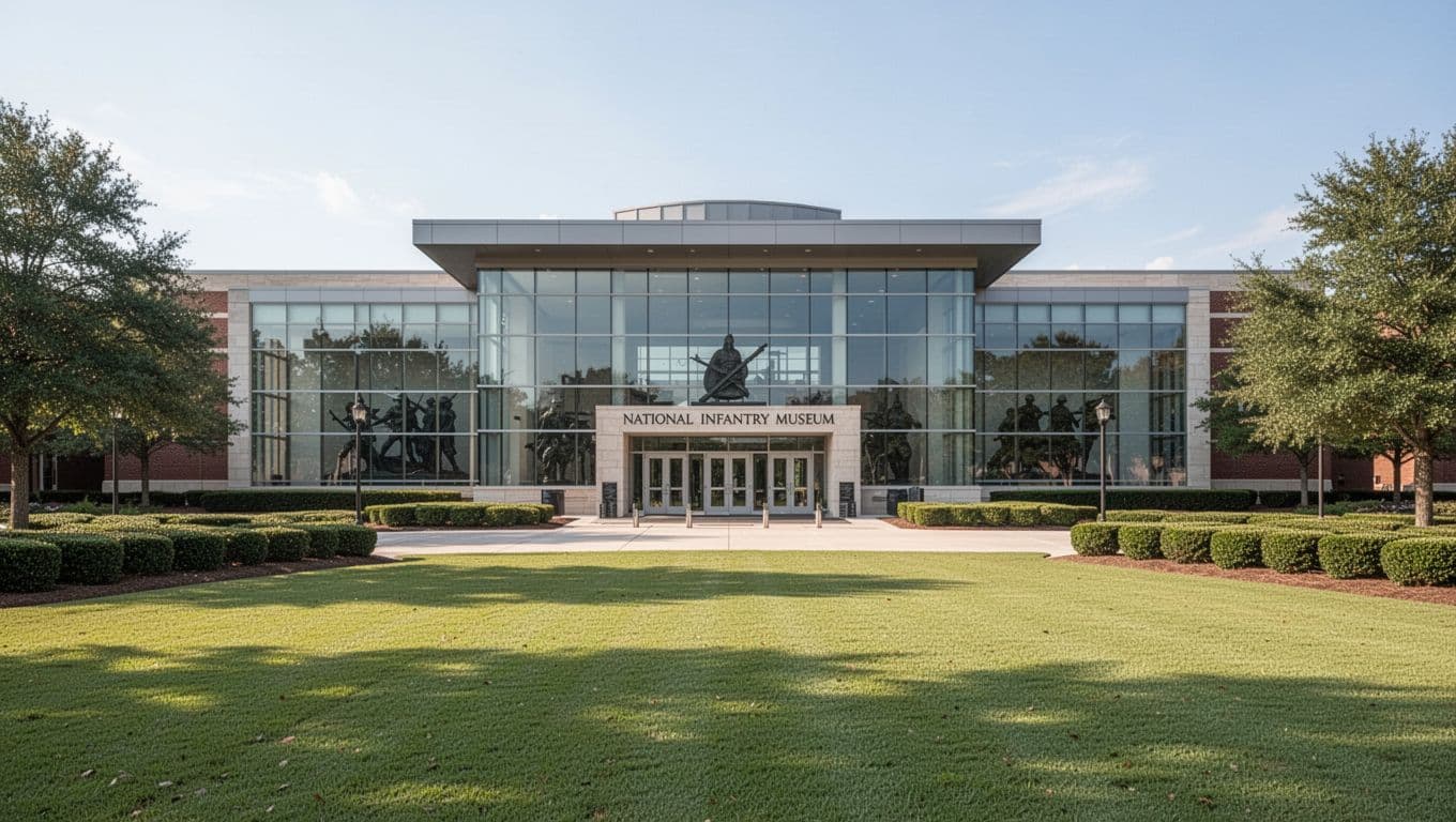 Exterior view of the National Infantry Museum in Columbus, Georgia, showcasing a modern glass facade building with green lawns in front under a clear daytime sky. Centered on the entrance area in realistic photography style with natural lighting and a branded green header band featuring 'Museum Grounds' headline.
