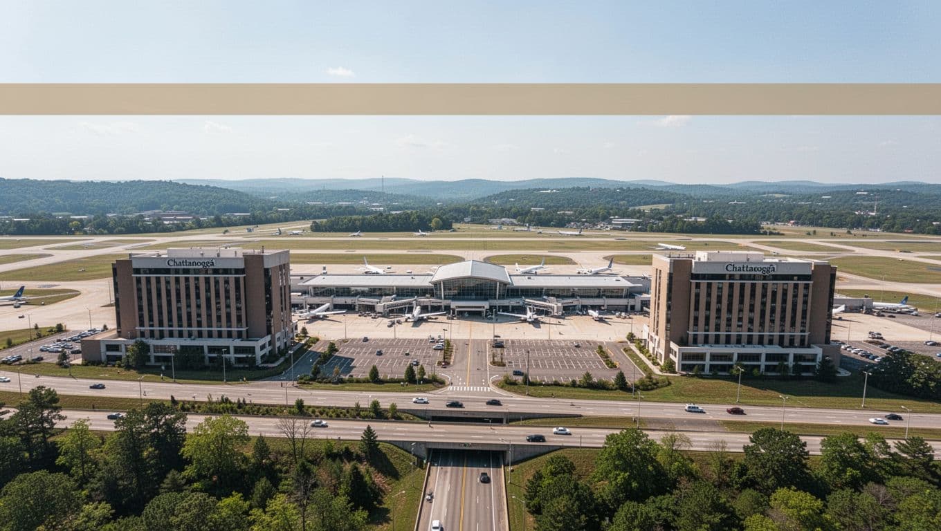 Aerial photograph of Chattanooga Airport (CHA) terminal and two nearby hotels along the highway in bright daylight, realistic style with no people or vehicles. Illustrates convenient proximity for travelers staying near the airport.