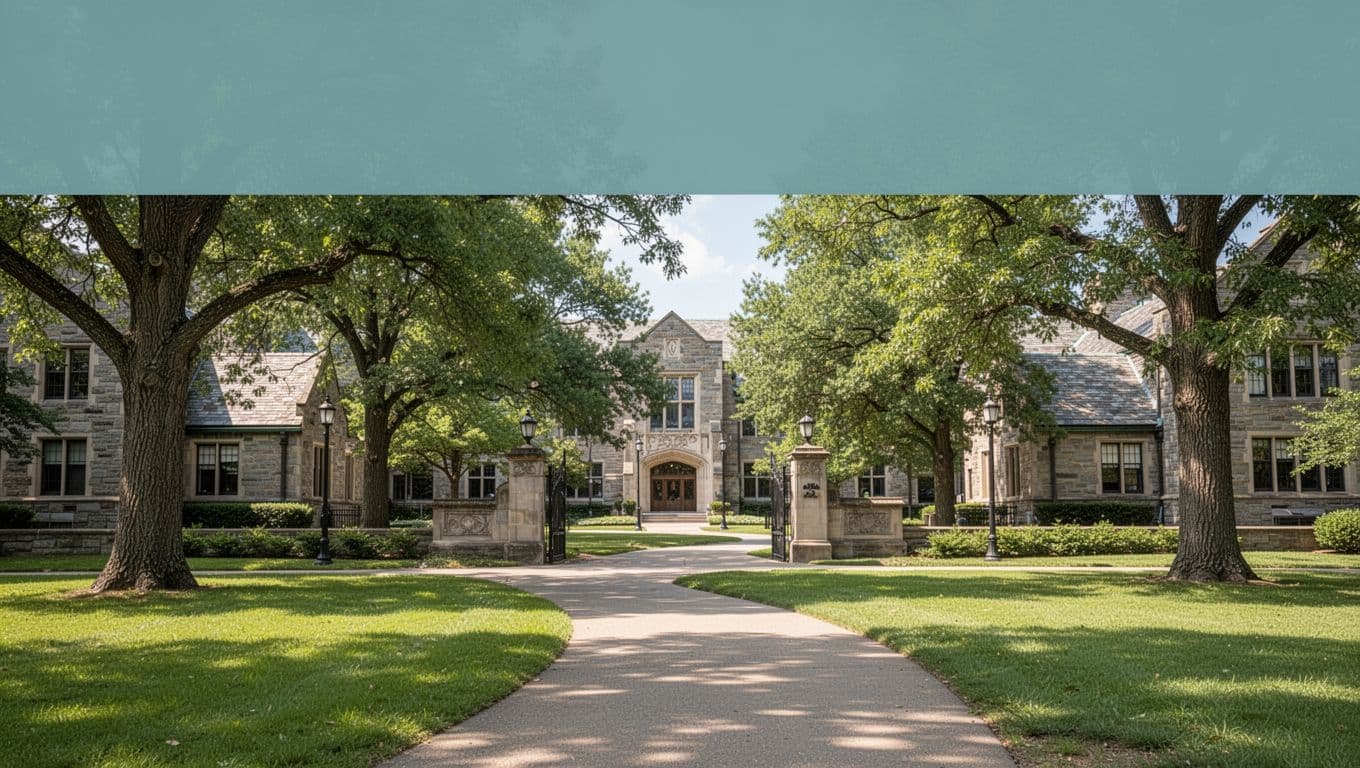 Close view of Jacksonville State University campus entrance on a sunny day, with a path leading through green grass, trees, and buildings under bright natural light. Top green band features bold 'Near JSU' headline in geometric sans-serif font.