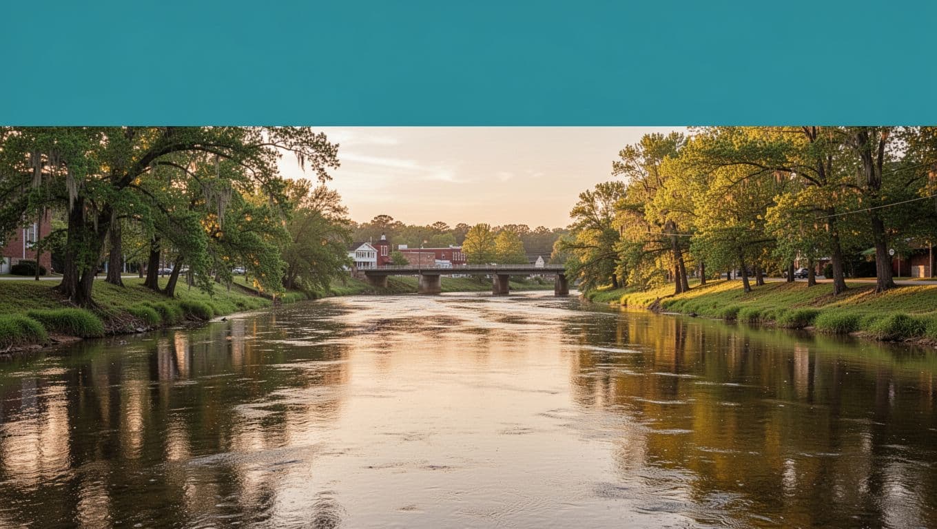 Photorealistic wide landscape of the serene Chattahoochee River in Alabama at golden hour, featuring calm waters, green banks with overhanging trees, and a distant small town bridge, topped with a bold green band and 'Nearby Attractions' headline.