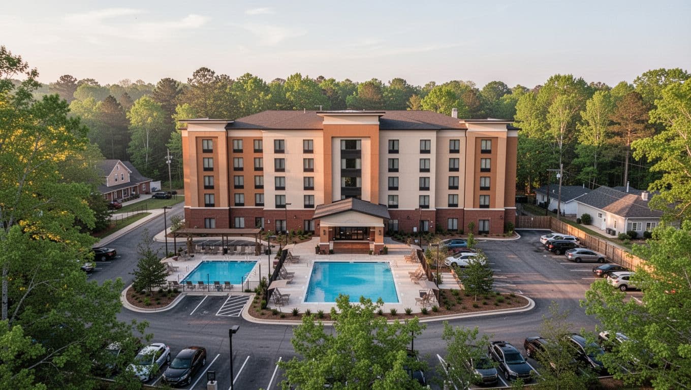 Contemporary multi-story chain hotel exterior near Fayette, Alabama, in lush green surroundings with morning light, visible pool and parking lot, centered on entrance with bold 'Nearby Gems' headline on green band.